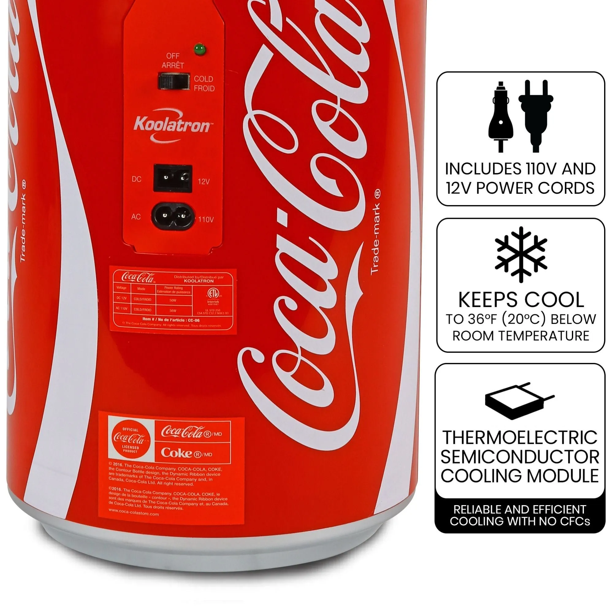 Coca-Cola 12 Can Portable Mini Fridge w/ 12V DC and 110V AC Cords, 10L (10.6 qt) Can Shaped Personal Cooler, Red, Travel Fridge for Drinks, Snacks, Lunch, Home, Office, Dorm Room, RV