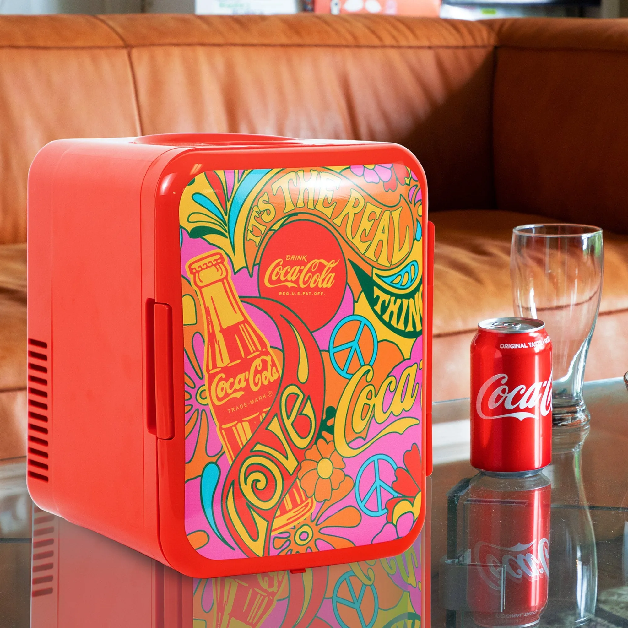 Coca-Cola Peace 1971 Series 4L Cooler/Warmer w/ 12V DC and 110V AC Cords, 6 Can Portable Mini Fridge, Personal Travel Refrigerator for Snacks Lunch Drinks Cosmetics, Desk Home Office Dorm Travel, Red