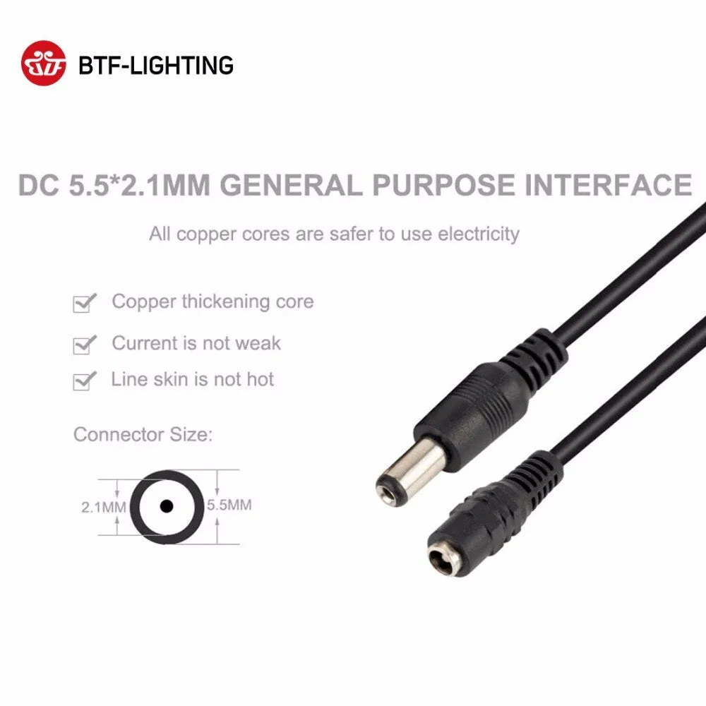 DC 5.5 x 2.1mm Male Female jack for power supply DC Connectors with Lock Buckle White/Black 15cm length wire