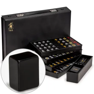 Japanese Riichi Mahjong Set -  Black Standard Size Tiles and Vinyl Case - with East Wind Tile, Set of Scoring Sticks, & Dice