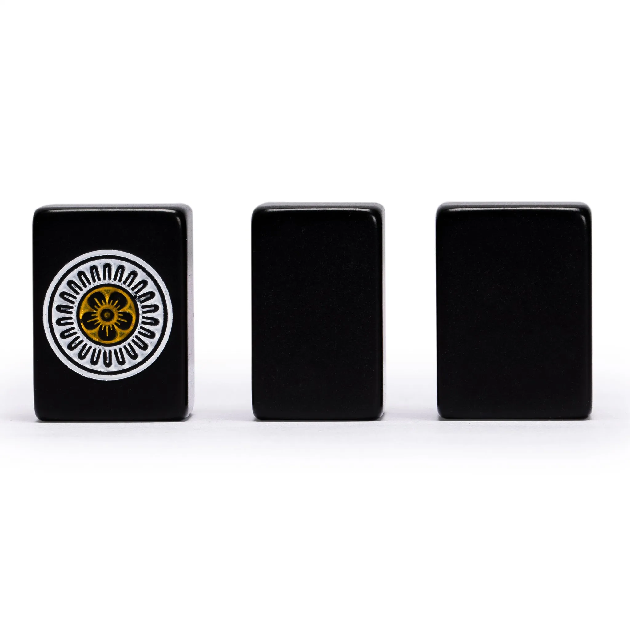 Japanese Riichi Mahjong Set -  Black Standard Size Tiles and Vinyl Case - with East Wind Tile, Set of Scoring Sticks, & Dice