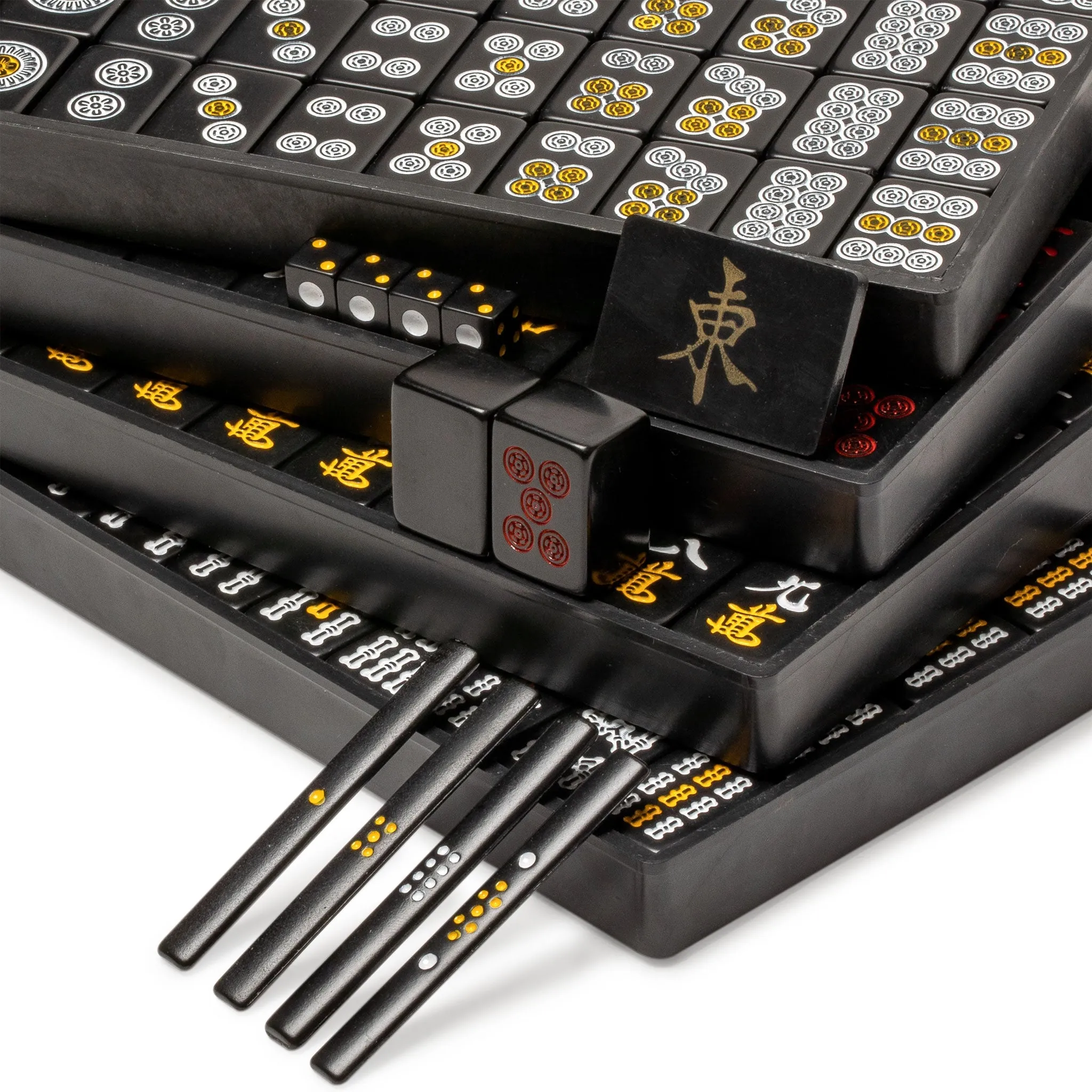 Japanese Riichi Mahjong Set -  Black Standard Size Tiles and Vinyl Case - with East Wind Tile, Set of Scoring Sticks, & Dice