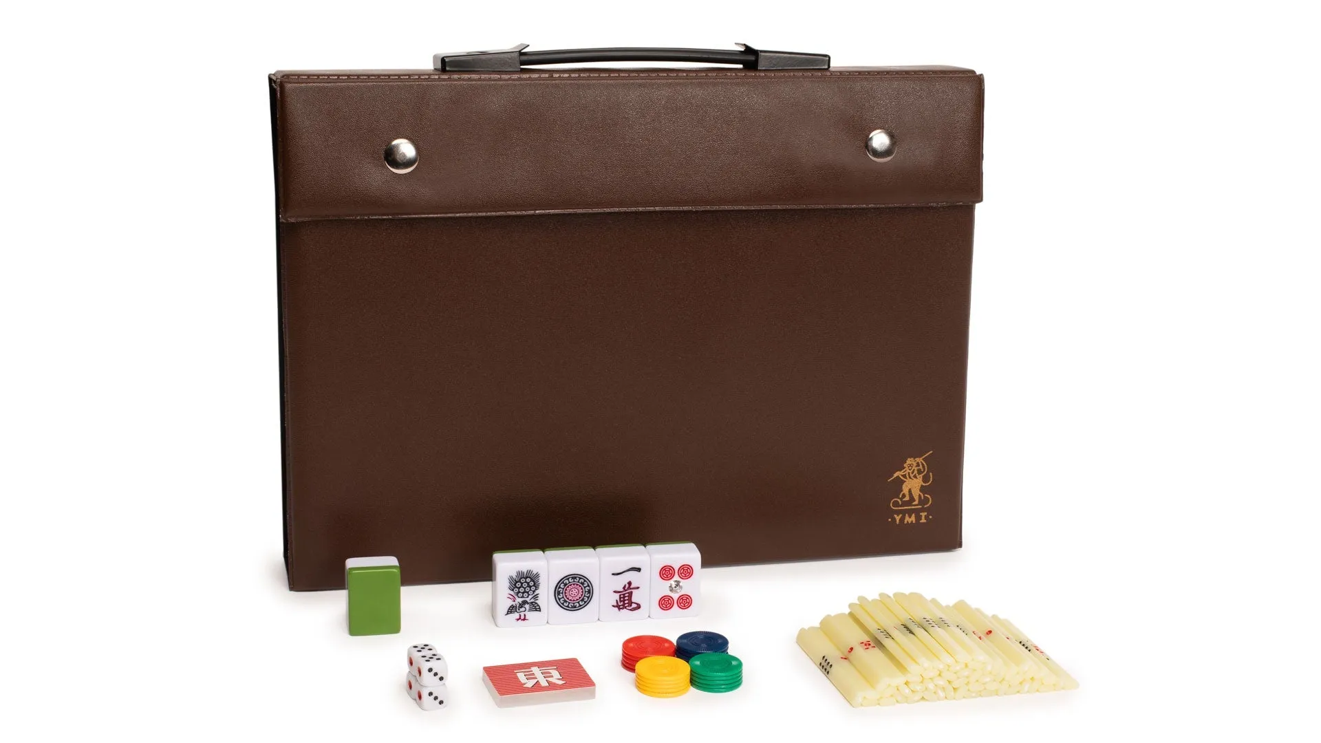 Japanese Riichi Mahjong Set - Large White and Green Tiles, Vinyl Case - Includes East Wind Tile, Betting Sticks, and Dice