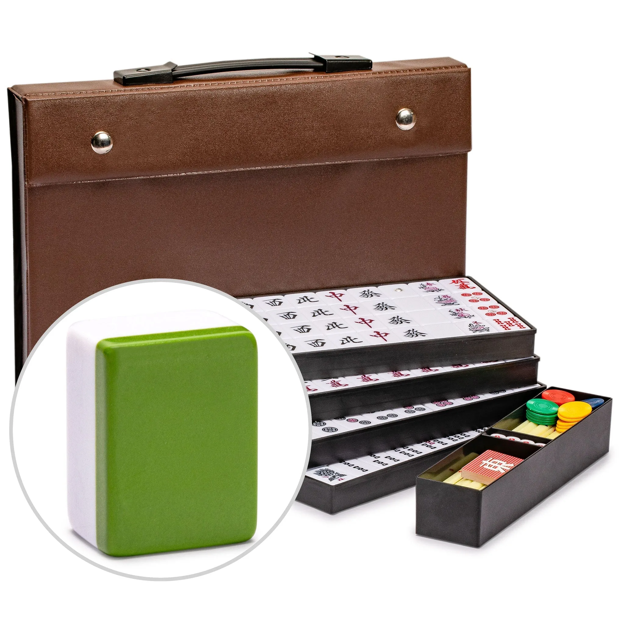 Japanese Riichi Mahjong Set - Large White and Green Tiles, Vinyl Case - Includes East Wind Tile, Betting Sticks, and Dice