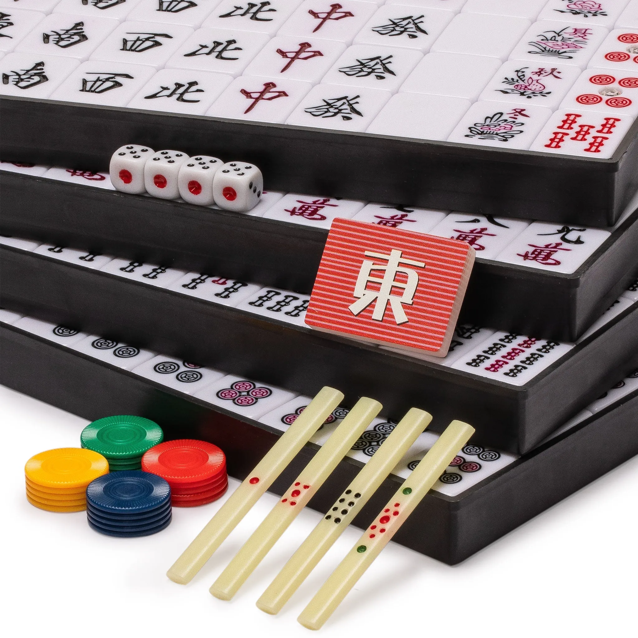 Japanese Riichi Mahjong Set - Large White and Green Tiles, Vinyl Case - Includes East Wind Tile, Betting Sticks, and Dice