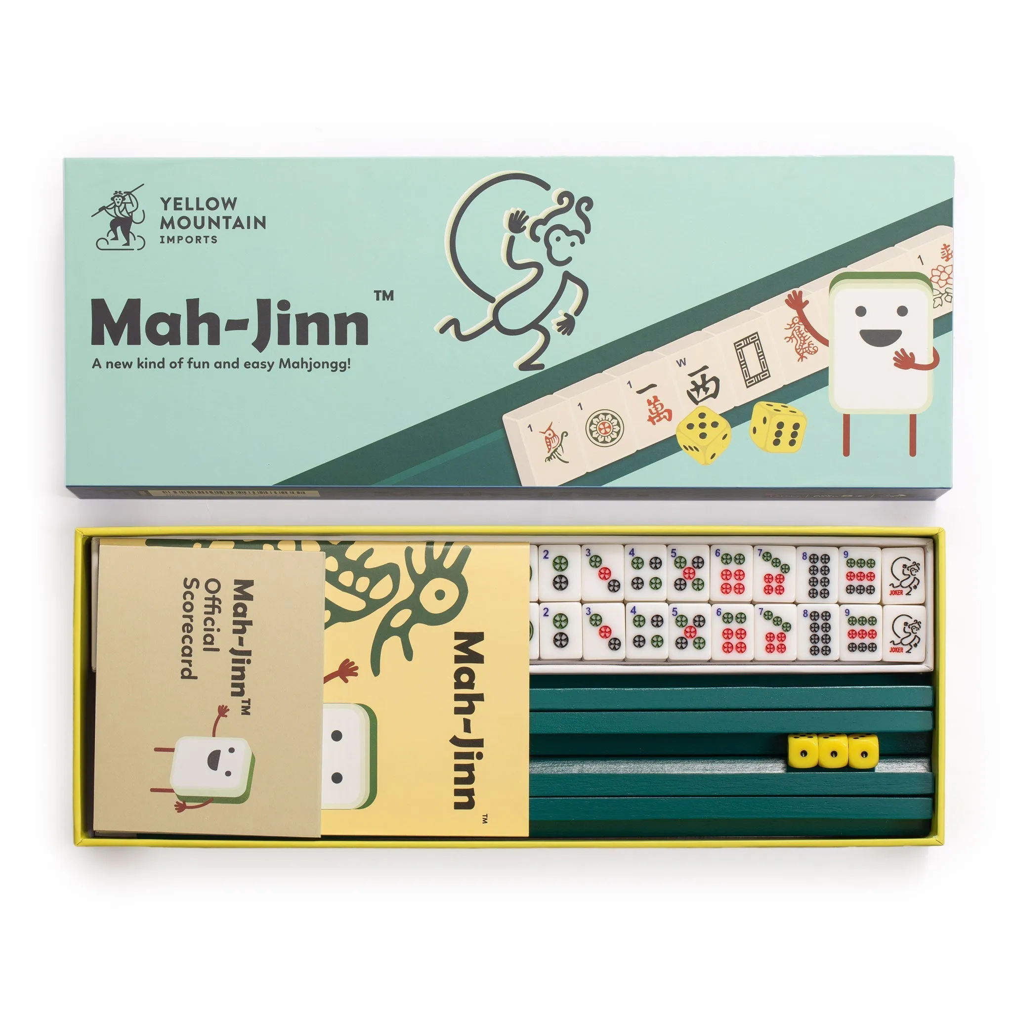 “Mah-Jinn” , a New Kind of Mahjong for Young Players - Complete Game Set with Tiles, Wooden Racks, Dice, and Illustrated Guide Book