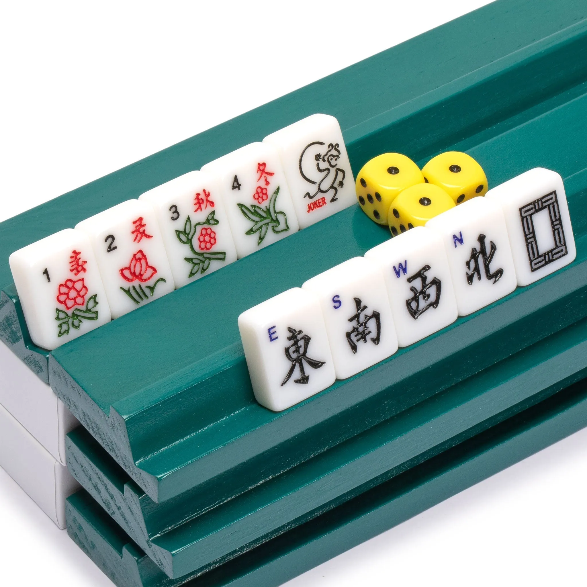 “Mah-Jinn” , a New Kind of Mahjong for Young Players - Complete Game Set with Tiles, Wooden Racks, Dice, and Illustrated Guide Book