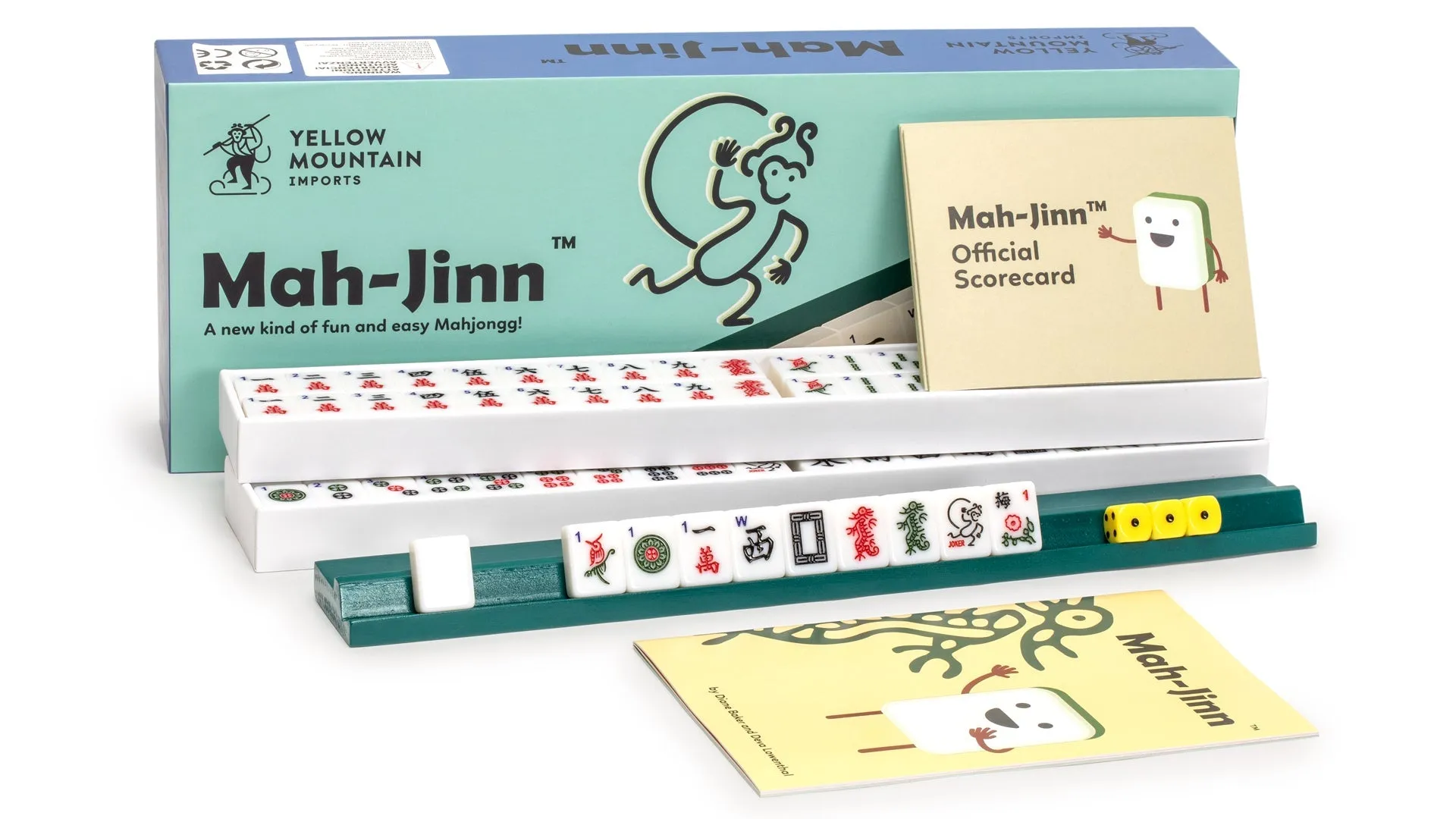 “Mah-Jinn” , a New Kind of Mahjong for Young Players - Complete Game Set with Tiles, Wooden Racks, Dice, and Illustrated Guide Book