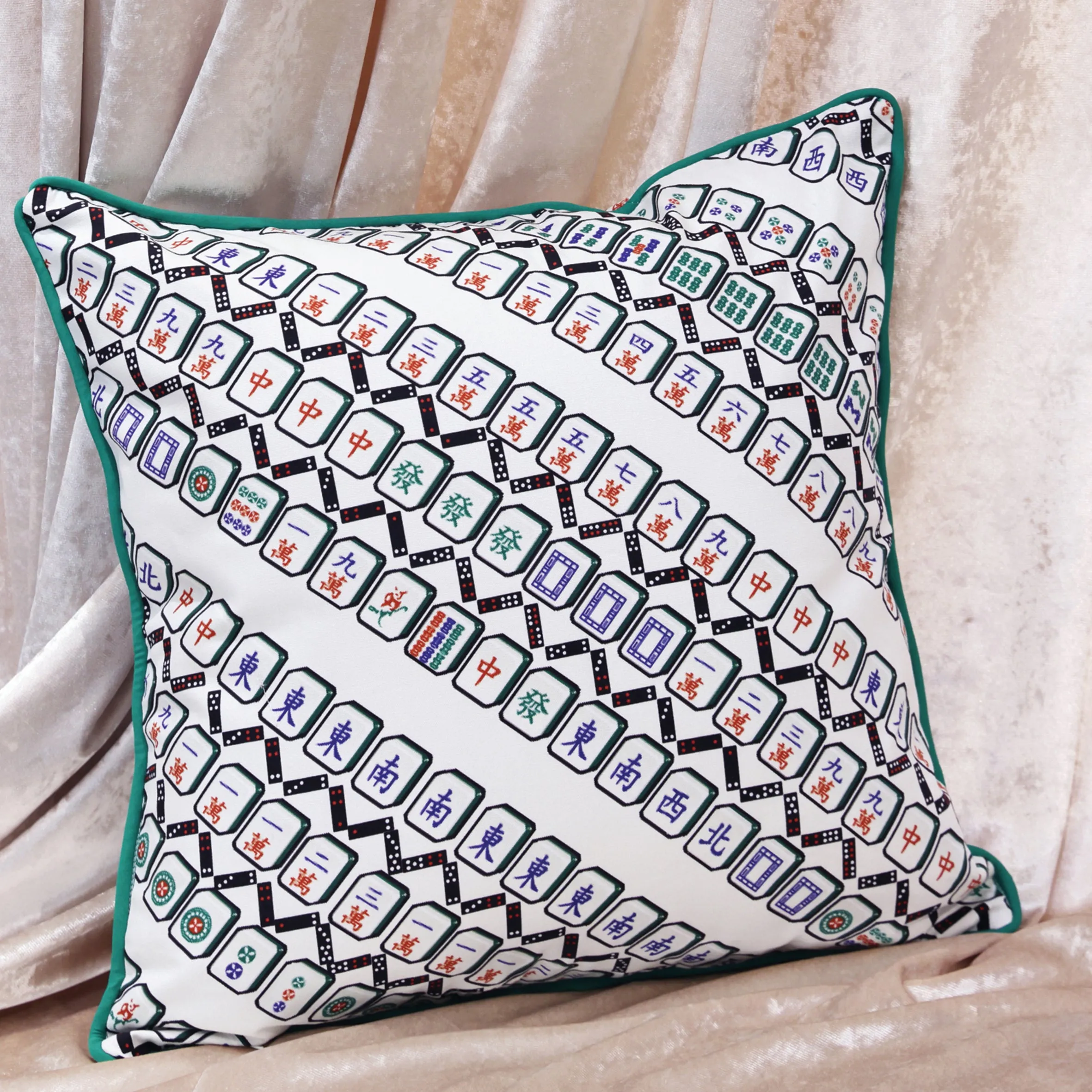 Mahjong Print Cushion Cover (Beige/ Green)