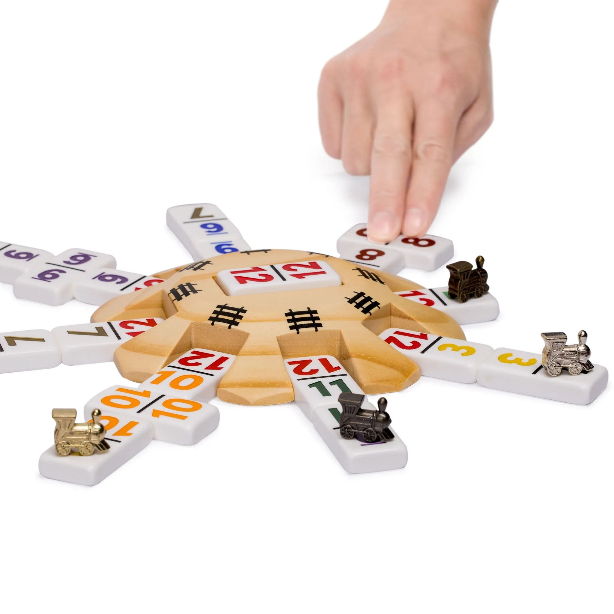 Mexican Train Complete Set with Double 12 Number Dominoes, Wooden Hub, Die Cast Train Markers, and Scorepad