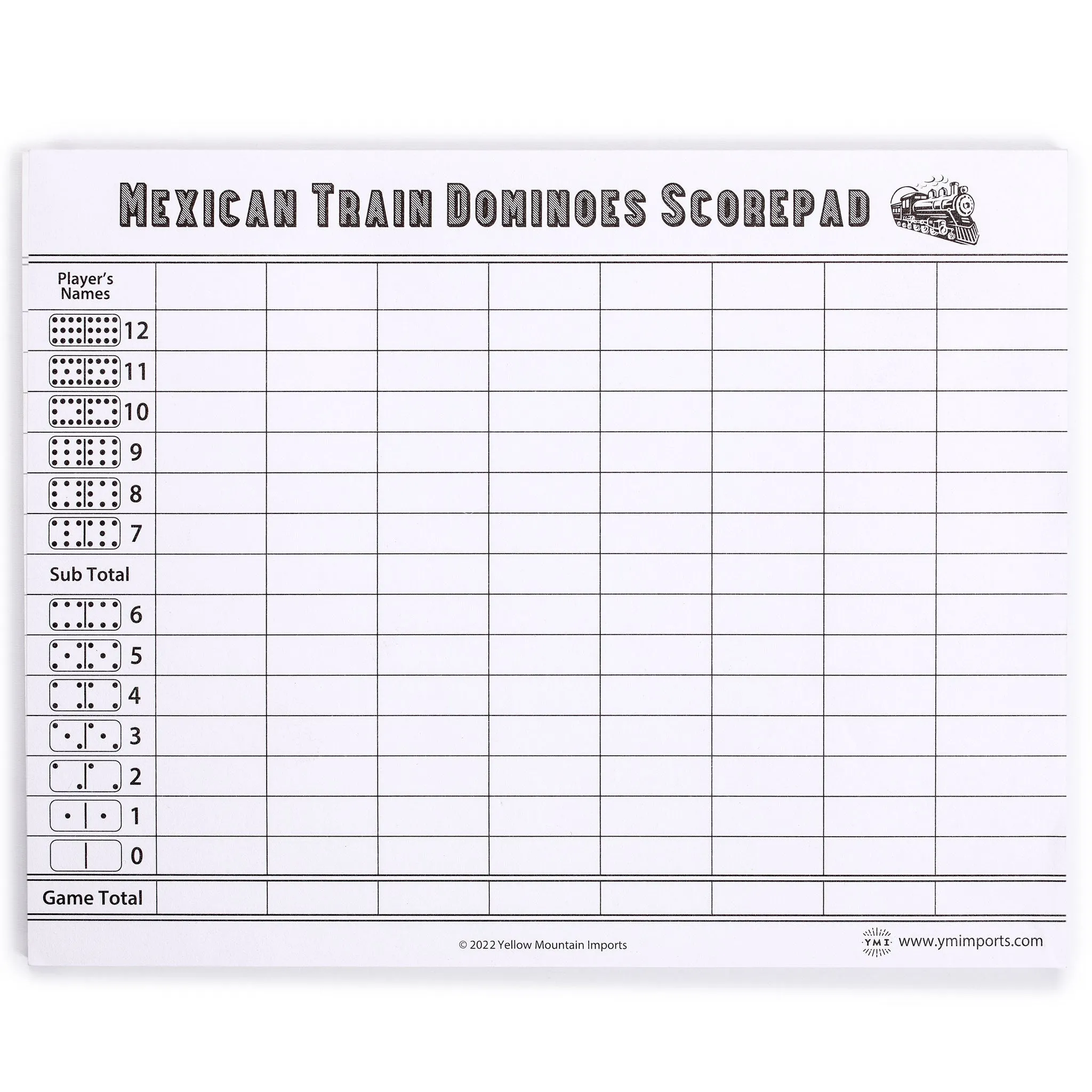 Mexican Train Complete Set with Double 12 Number Dominoes, Wooden Hub, Die Cast Train Markers, and Scorepad