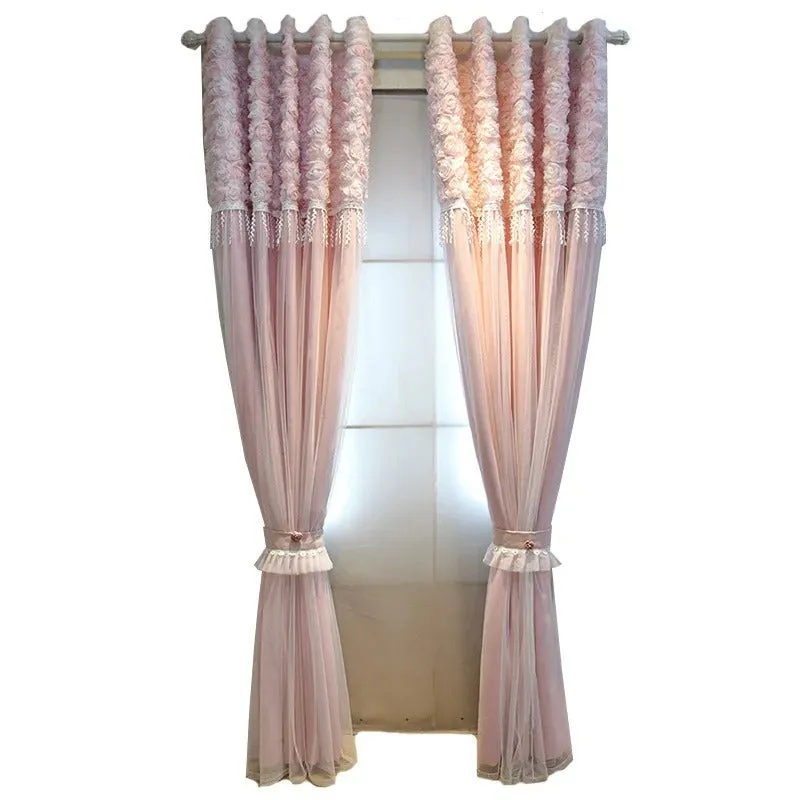 Mila Luxury Rose Veil Style Sheer Over Blackout Curtain - Pink