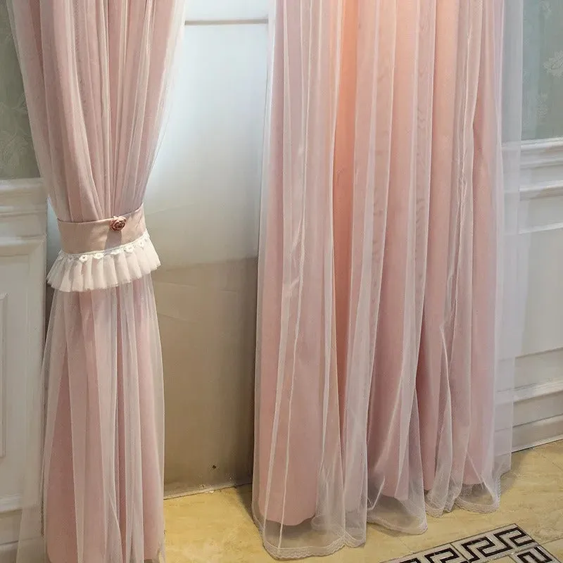 Mila Luxury Rose Veil Style Sheer Over Blackout Curtain - Pink