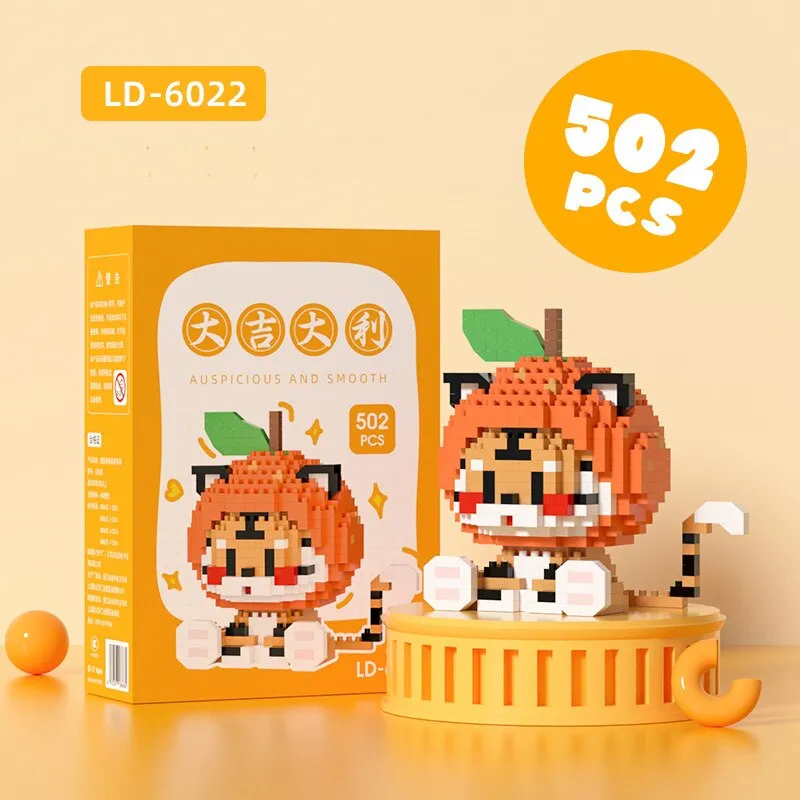 Orange Tiger Mini Building Blocks Big Fortuue And Great Profit Panda Tiger Mahjong Micro Bricks Figures Toy For Kid Gift