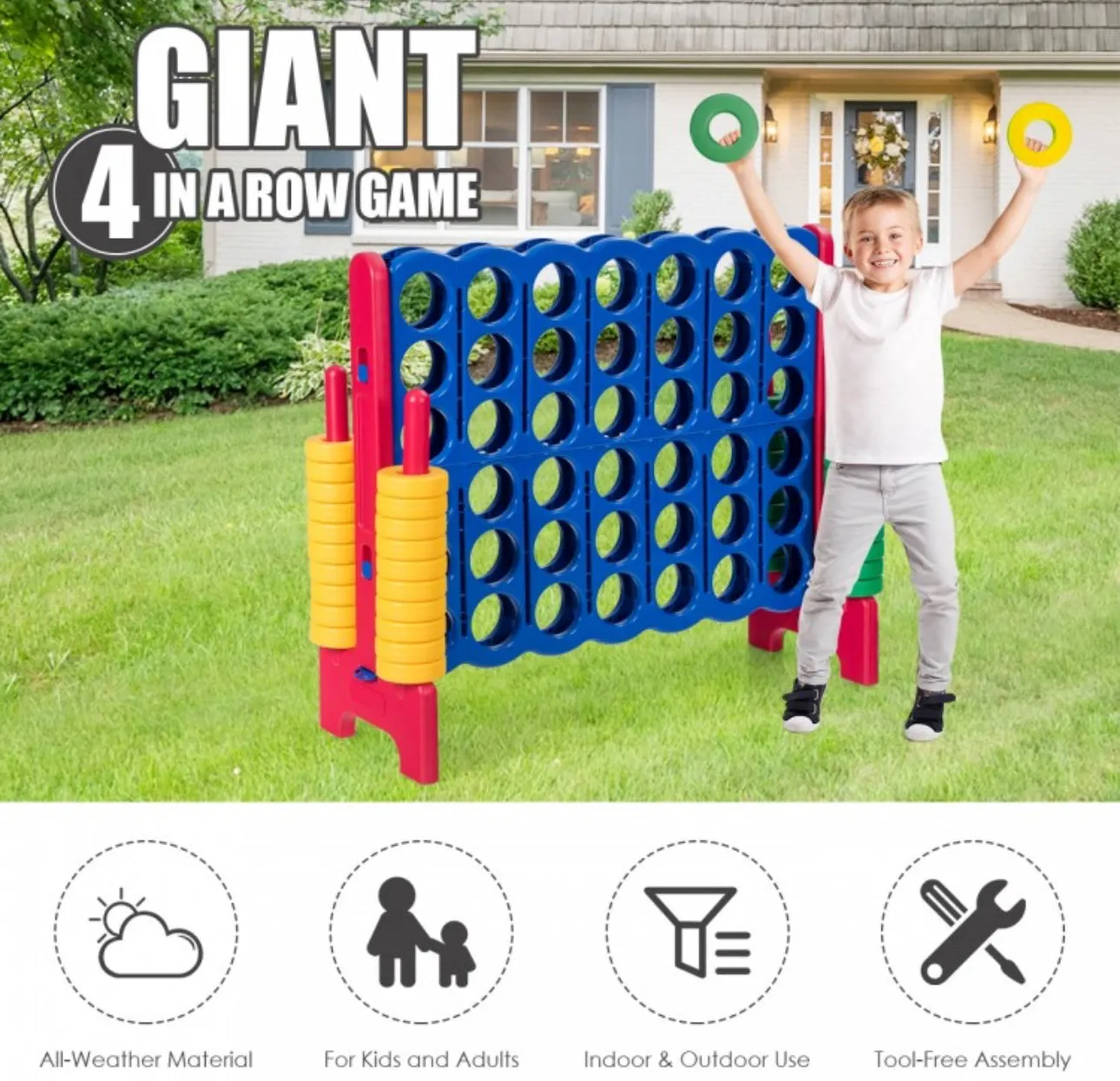 Super Cool Outdoor Fun Giant Connect 4 Style Jumbo 4-To-Score Game Set With 42 Giant Rings | Quick Release Slider | For The Whole Family | Indoor | Outdoor