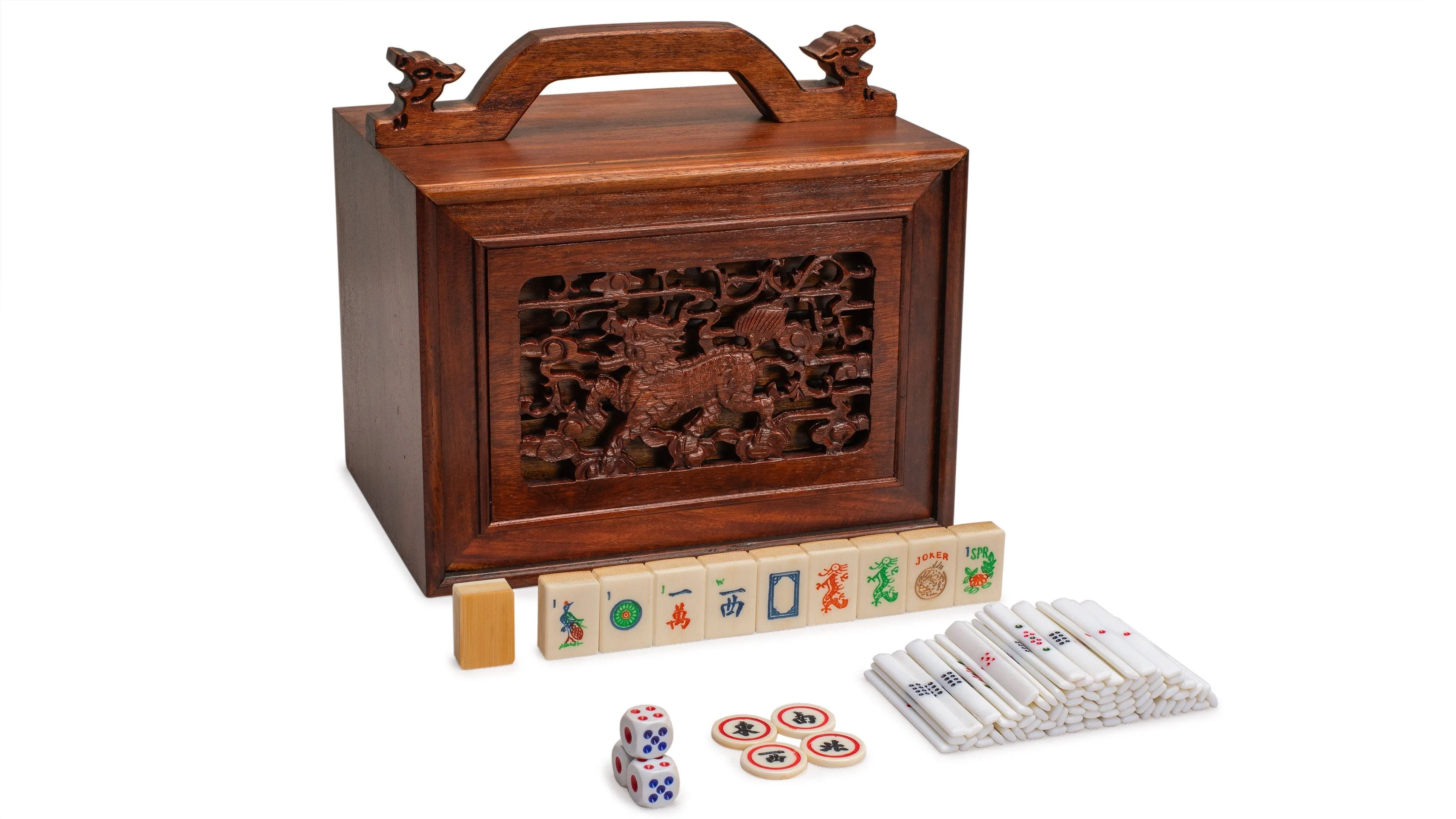 Traditional American Mahjong Set, "Qilin" - Bone and Bamboo Tiles, Rosewood Case, Betting Sticks, Dice, & 4 Wind Tiles