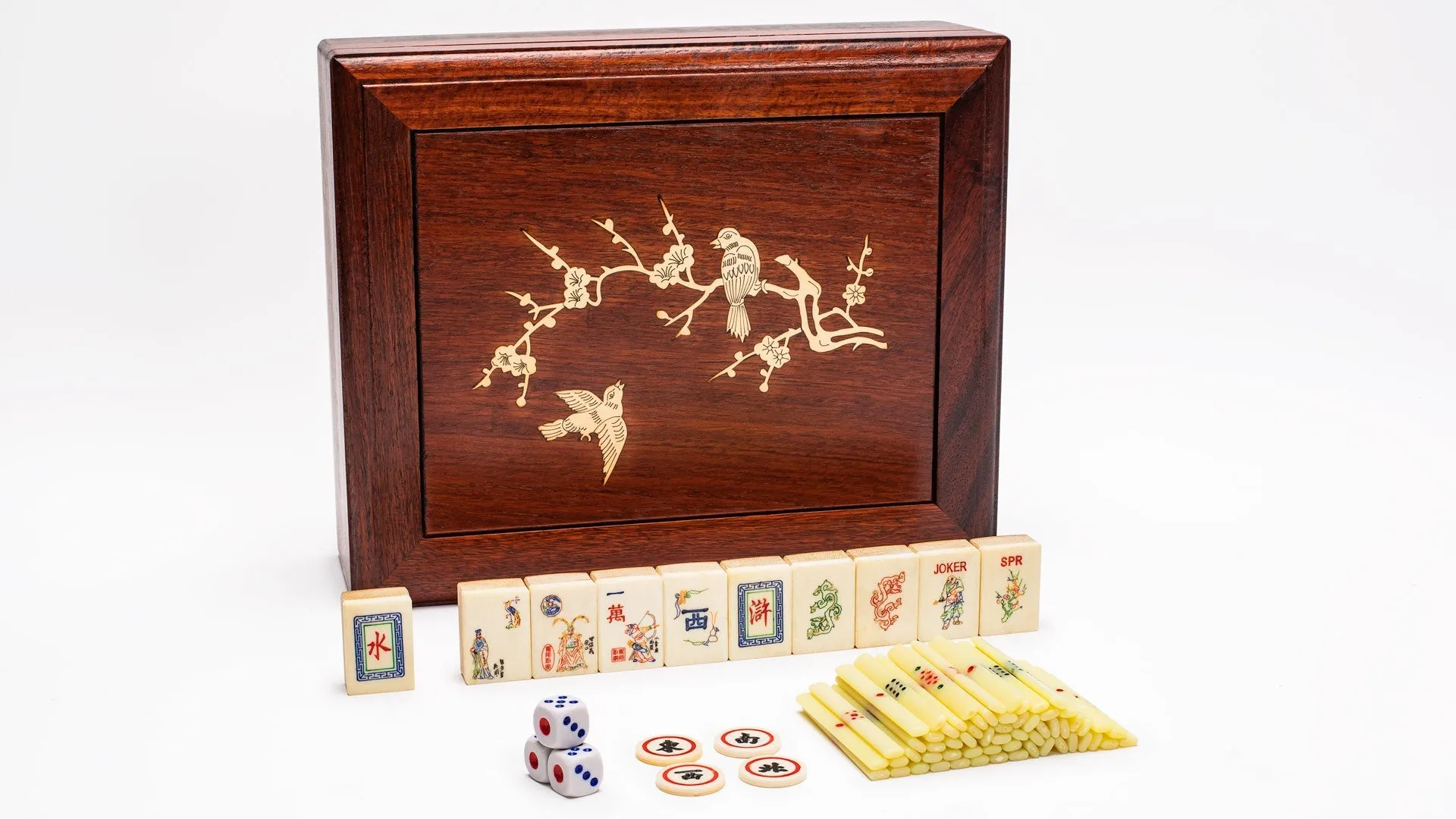 Traditional American Mahjong Set, "The Water Margin" - Bone & Bamboo Tiles, Rosewood Case, & Accessories